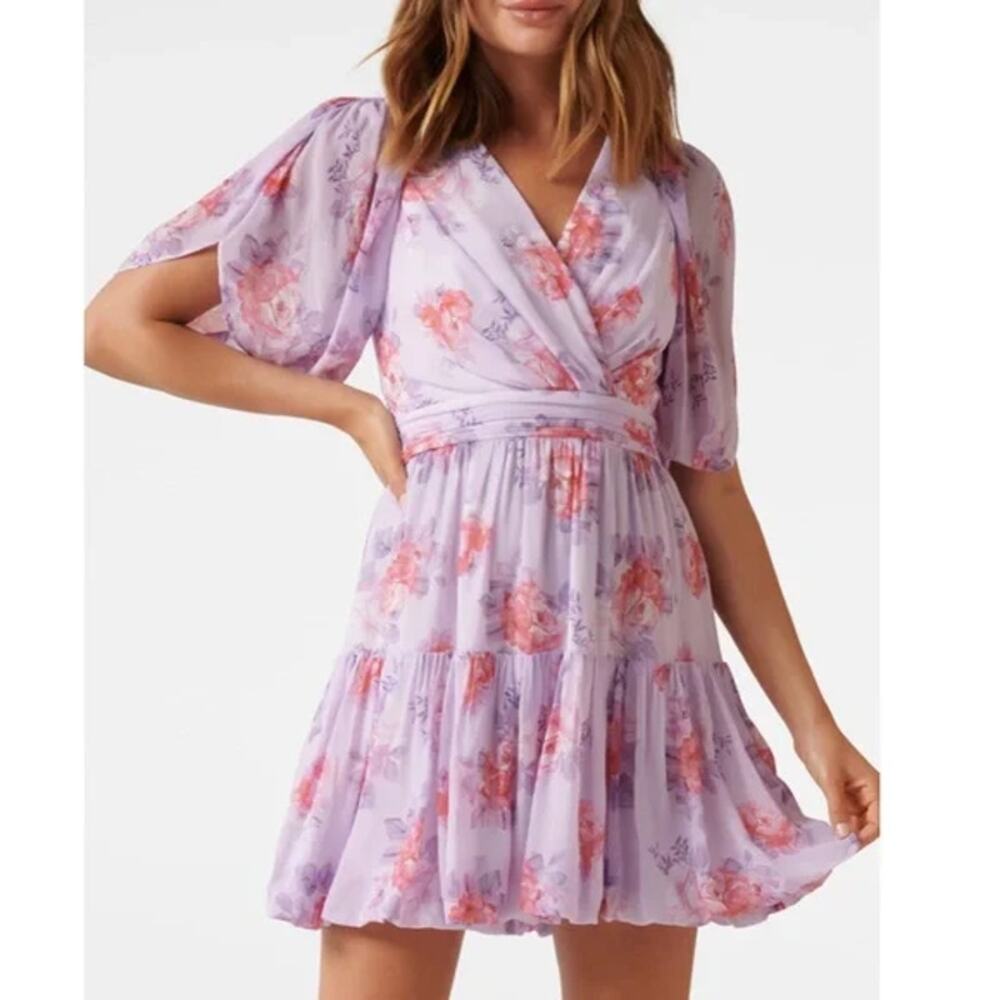 Ever New Lavender Floral Mini Dress 6‎ Romantic Flutter Sleeve Tiered Lined Boho